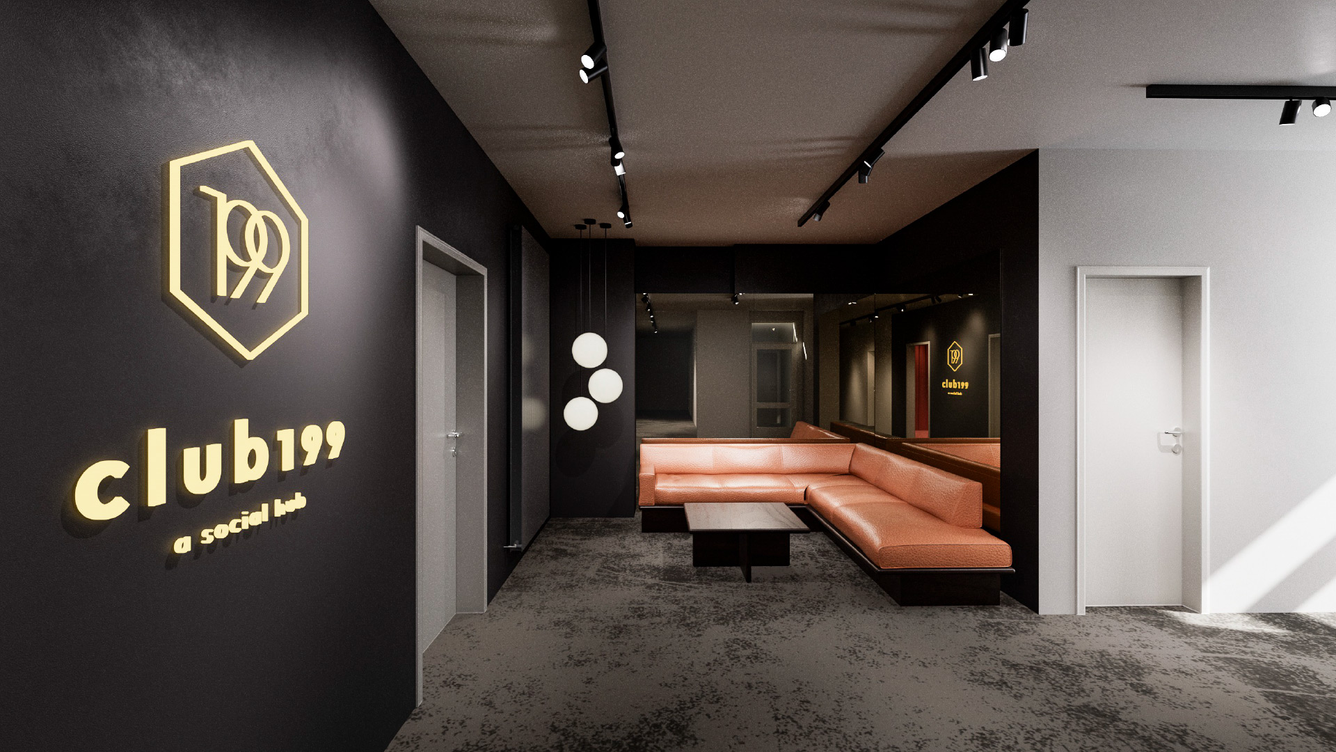 Lounge im club199 mit Ledersofa und beleuchtetem Logo an der Wand